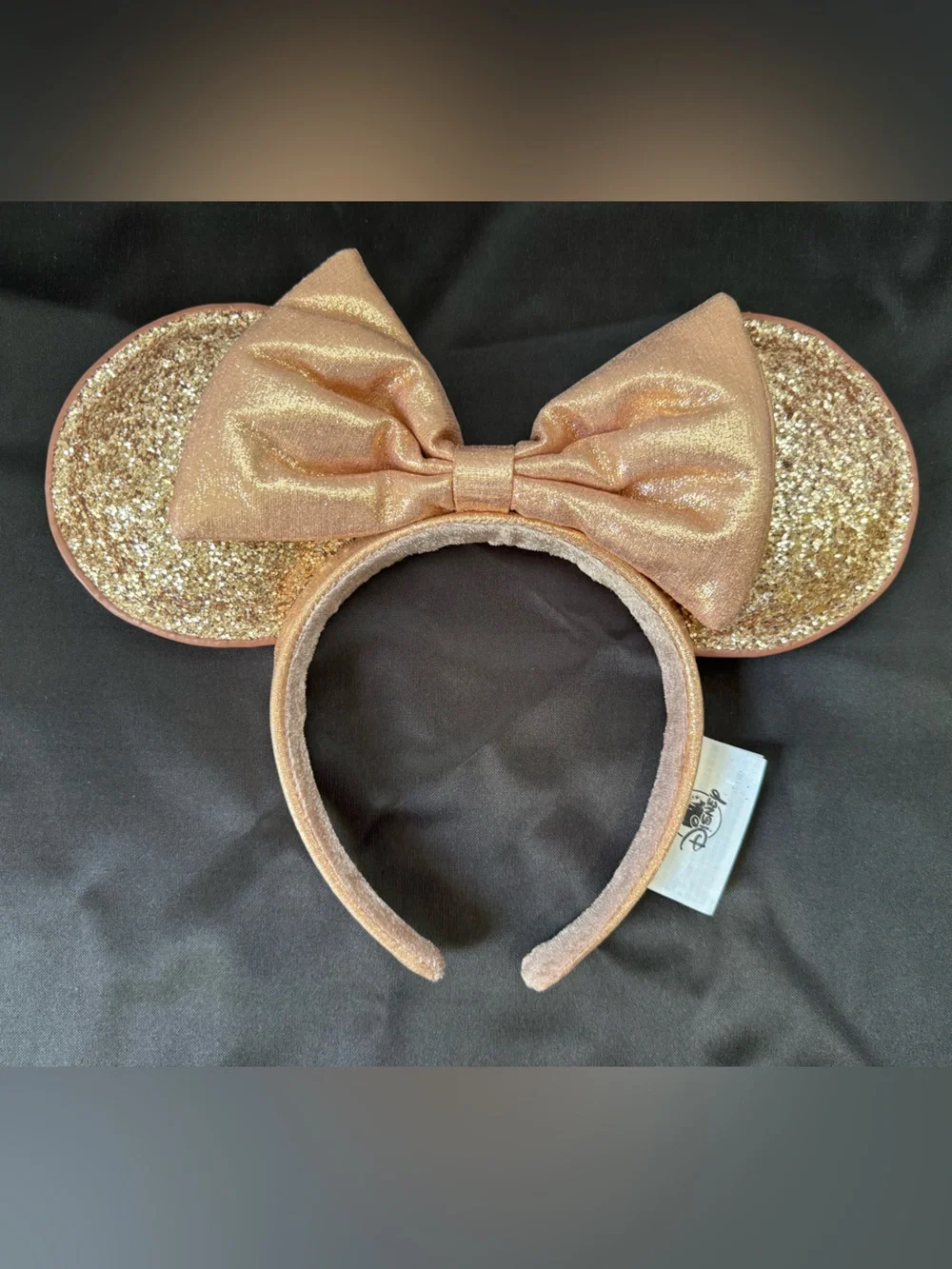 Disney Rose Gold Glitter Minnie Ears Headband with Shimmery Bow
